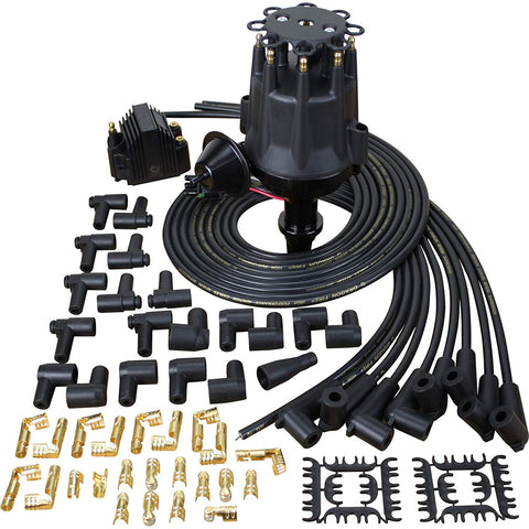 Dragon Fire Performance Pro Series Ready to Run Ignition Distributor Coil & 90° Spark Plug Wire Set Compatible Replacement for SBC BBC 262-283 302-350 383 396 400 402 427 454 OEM Fit DKIT1001ABK-90