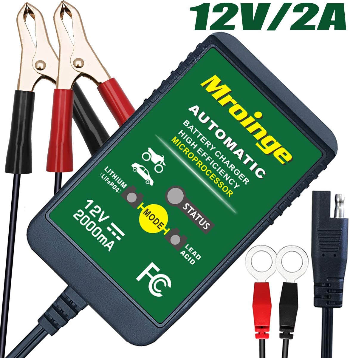 Mroinge 12V 2A Lead Acid/Lithium(LiFePO4) Automatic Trickle Battery Charger Smart Battery Maintainer for Car Motorcycle Lawn Mower Boat ATV SLA AGM GEL CELL Lithium(LiFePO4) and More Batteries