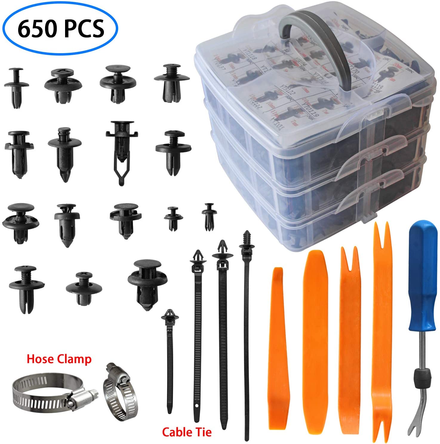 Shineyoo Car Retainer Clips Plastic Fasteners Kit Fender Rivet Clips 16 Most Popular Sizes-650Pcs Auto Push Pin Rivets Kit with Fastener Remover Cable Tie for GM Ford Toyota Honda Chrysler