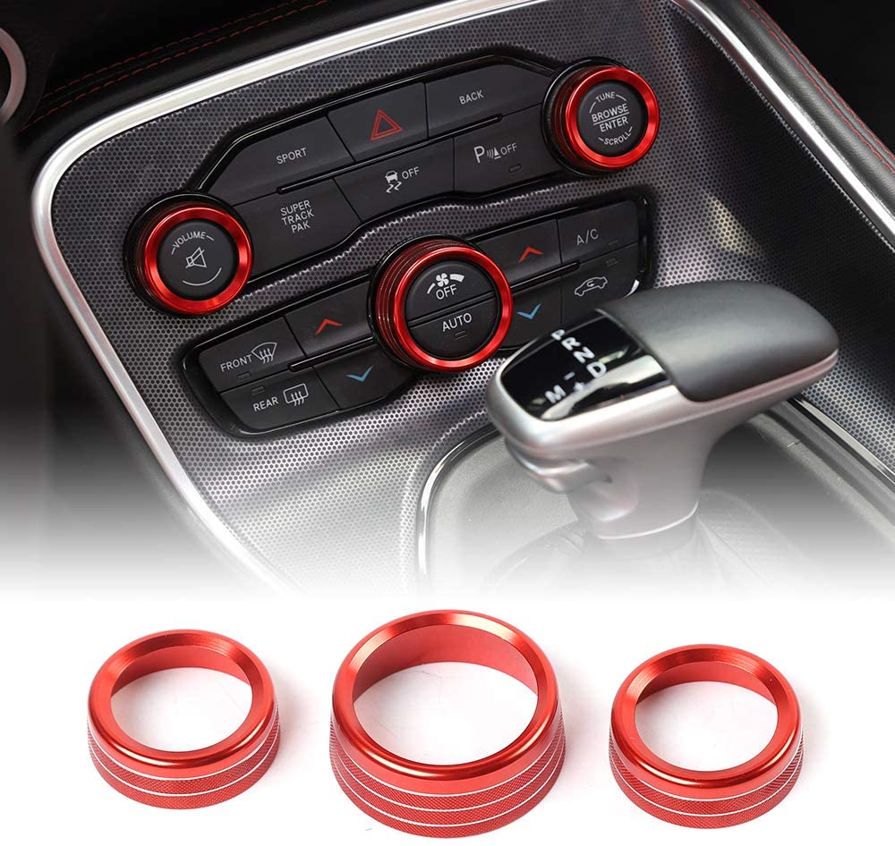 JeCar Audio Air Conditioner Button Trim Cover Aluminum Alloy Knob Cover for Dodge Challenger Charger 2015-2019, Red