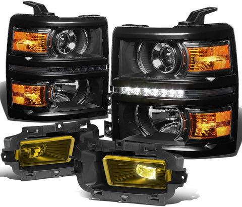 For Chevy Silverado 1500 Black Housing Amber Corner LED DRL Projector Headlight + Amber Lens Fog Light + Switch