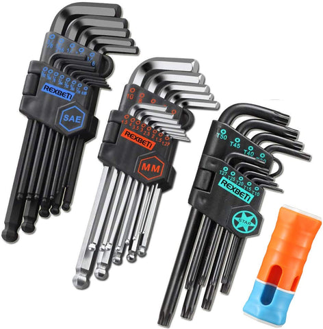 REXBETI Hex Key Allen Wrench Set, SAE Metric Star Long Arm Ball End Hex Key Set Tools, Industrial Grade Allen Wrench Set, S2 Steel