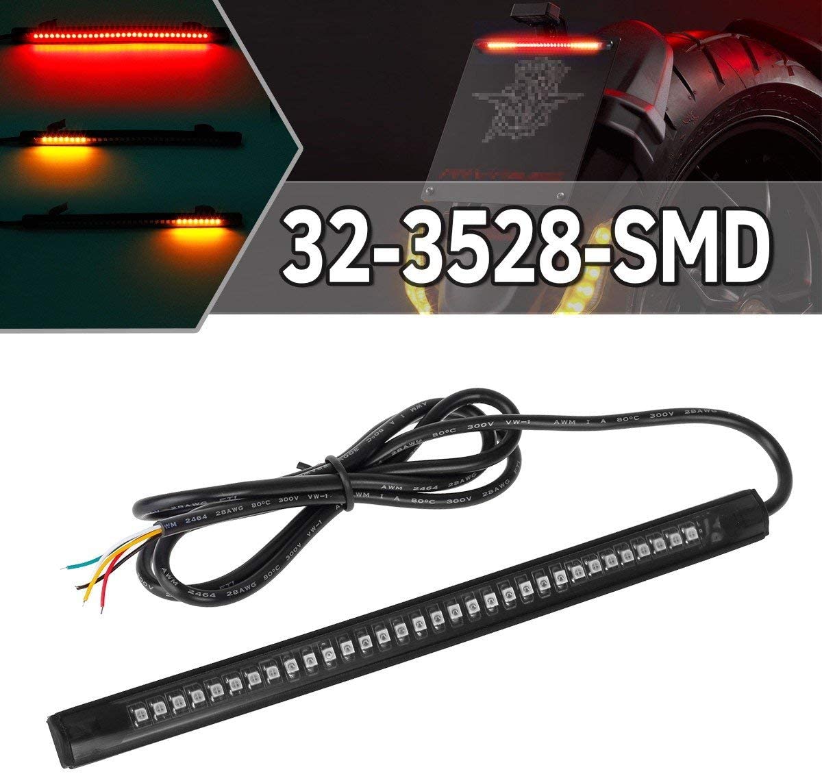 Partsam Universal LED Strip for Motorcycle License Plate Tail Brake Stop Turn Signal Light Strip 32LED 8