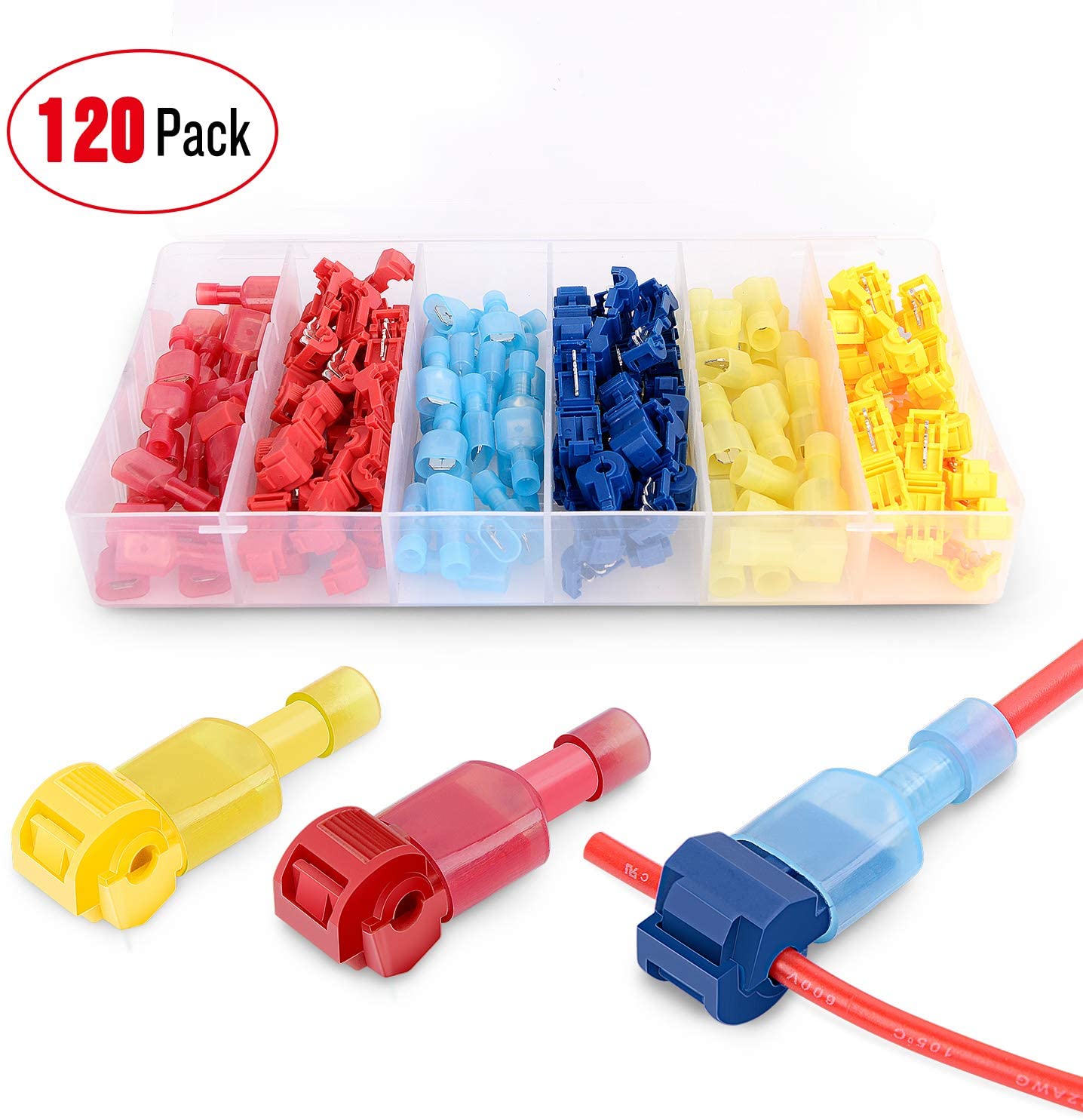 Nilight 120 Pcs/60 Pairs Quick Splice Wire Terminals T-Tap Self-stripping with Nylon Fully Insulated Male Quick Disconnects Kit, 2 Years Warranty