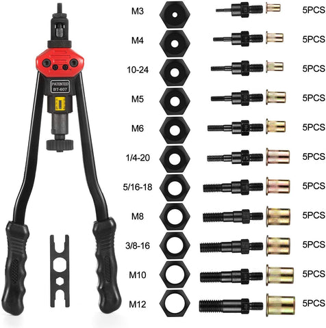 16”Hand Rivet Nut Tool, Professional Rivet Nut Setter Kit with 11PCS Metric & Inch Mandrels,55PCS Rivet Nuts