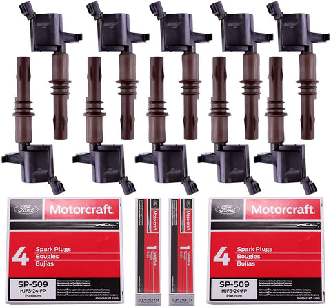 MAS Set of 10 DG521 High Performance Ignition Coils (Brown Boot) + 10 OEM Spark Plugs SP509 compatible with FORD EXPEDITION EXPLORER
