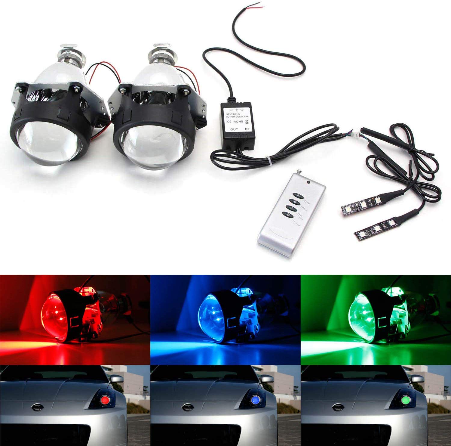 iJDMTOY (2) Mini 3.0-Inch H1 Bi-Xenon HID Retrofit Projector Lens w/Wireless Remote Control RGB LED Demon Eye Kit Compatible With Custom Headlight DIY