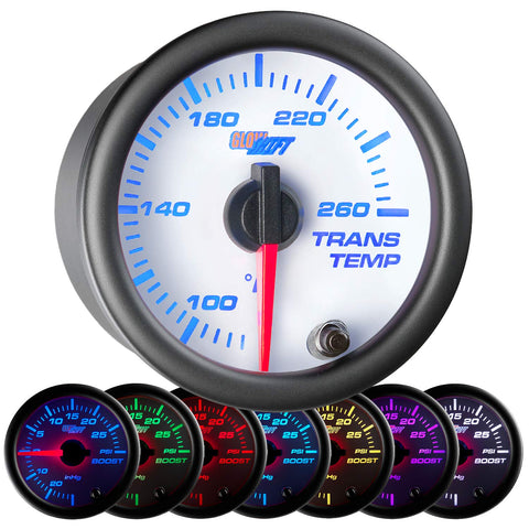 GlowShift White 7 Color 260 F Transmission Temperature Gauge Kit - Includes Electronic Sensor - White Dial - Clear Lens - for Car & Truck - 2-1/16