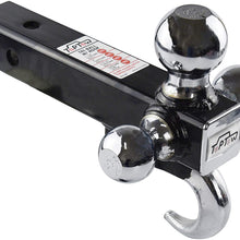 TOPTOW 64180HP Trailer Receiver Hitch Triple Ball Mount with Hook, Fits for 2 inch Trailer Hitch Receiver, Chrome Balls, Chrome Hook, 2" Shank, with 5/8 inch Hitch Pin