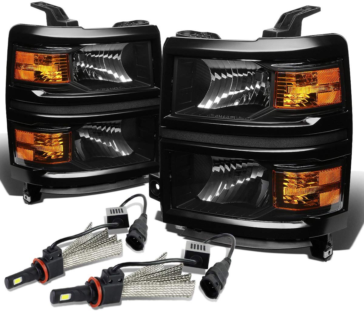 For Chevy Silverado GMT K2XX Pair of Black Housing Amber Corner Light Headlight + H8 LED Conversion Kit