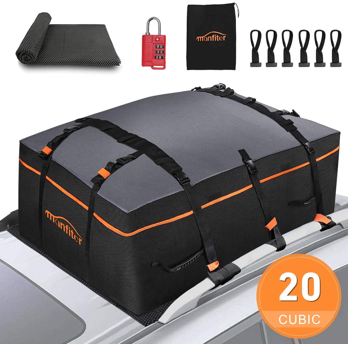 Rooftop Cargo Carrier Car Top Carrier, 20 Cubic Feet 100% Waterproof Car Roof Bag, Roof Rack Cargo Carrier with Anti-Slip Mat + 10 Reinforced Straps Fits All Vehicle with/Without Rack