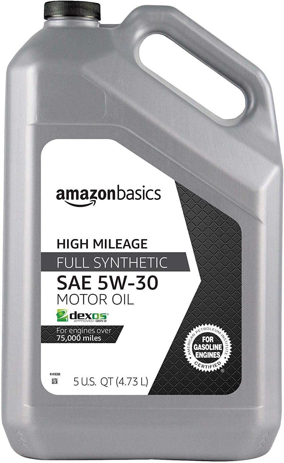 AmazonBasics High Mileage Motor Oil, Full Synthetic, SN Plus, dexos1-Gen2, 5W-30, 5 Quart