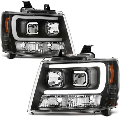 For 2007-2014 Chevy Suburban | Tahoe | Avalanche Left + Right Black LED DRL Projector Head Lights Pair