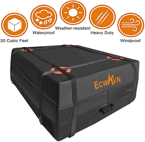 ECWKVN Car Roof Bag Cargo Carrier, 20 Cubic Ft Waterproof Rooftop Cargo Bag with 6 Reinforced Straps + Storage Bag, Heavy Duty Roof Cargo Carrier Bag for All Vehicle with/Without Rack