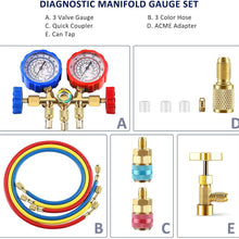 5FT AC Gauge Set for R134A R12, R22, R502 Refrigerants, with Couplers and Can Tap