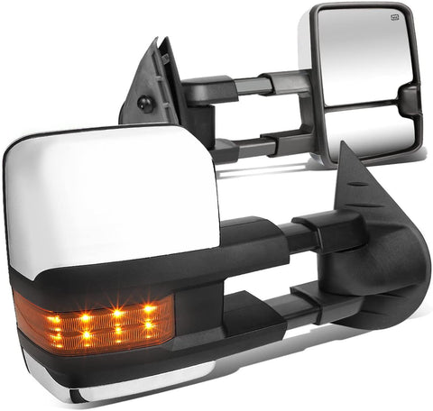 Pair Chrome Power Heated Telescoping Amber LED Turn Signal Towing Mirrors Replacement for Silverado Sierra GMT900 07-14