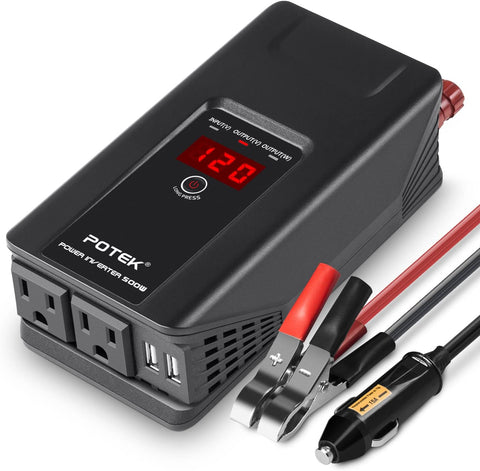 POTEK 500W Power Inverter DC 12 V to 110V AC Car Converter with Digital Display Dual AC Outlets and Dual USB Charging Ports for Tablets, Laptop and Smartphones