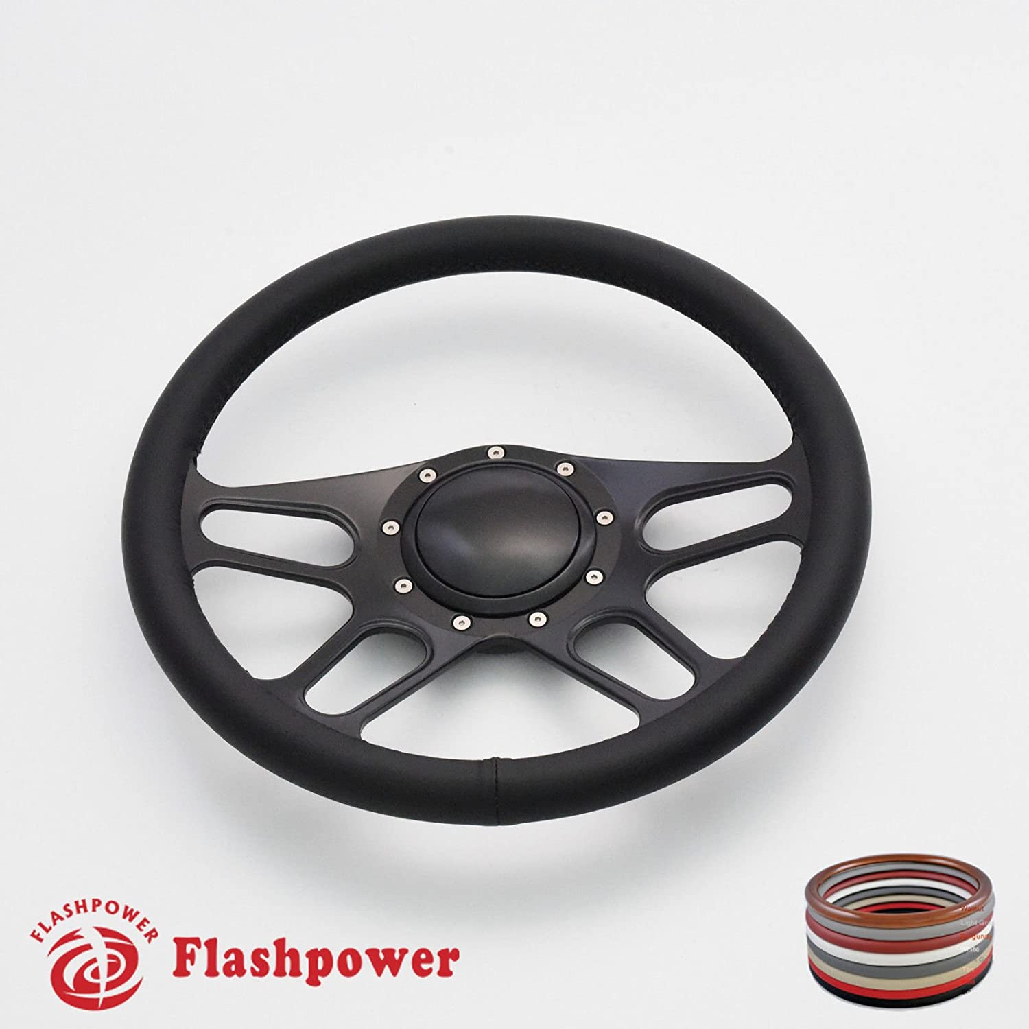 Flashpower 14'' Billet Full Wrap 9 Bolts Steering Wheel with 2'' Dish and Horn Button (Black)