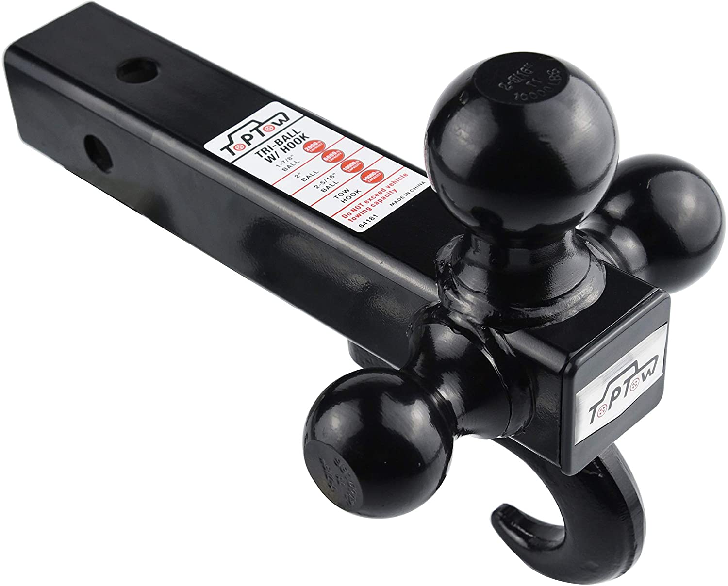 TOPTOW 64181 Trailer Receiver Hitch Triple Ball Mount with Hook Black Balls Fits for 2 inch Receiver