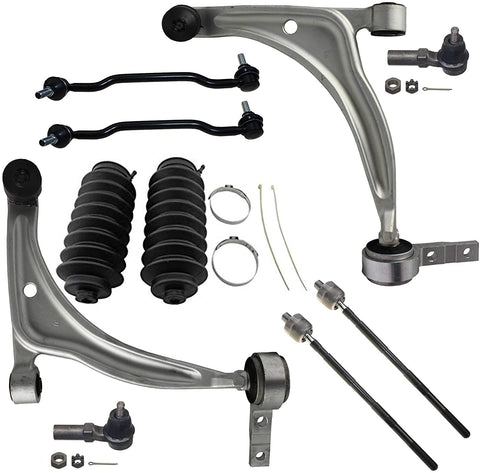Detroit Axle - 10PC Front Lower Control Arms w/Ball Joint, Sway Bars, Inner and Outer Tie Rods w/Rack Boots for 2002-2006 Nissan Altima - [2004-2008 Maxima]