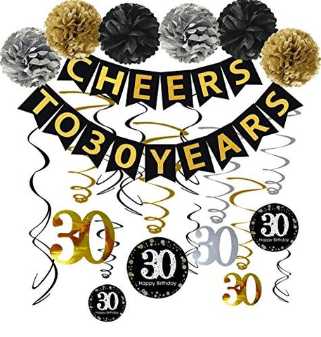 Famoby 30th Birthday Party Decorations Kit - Cheers to 30 Years Banner, Poms,Sparkling Celebration 30 Hanging Swirls for 30 Year