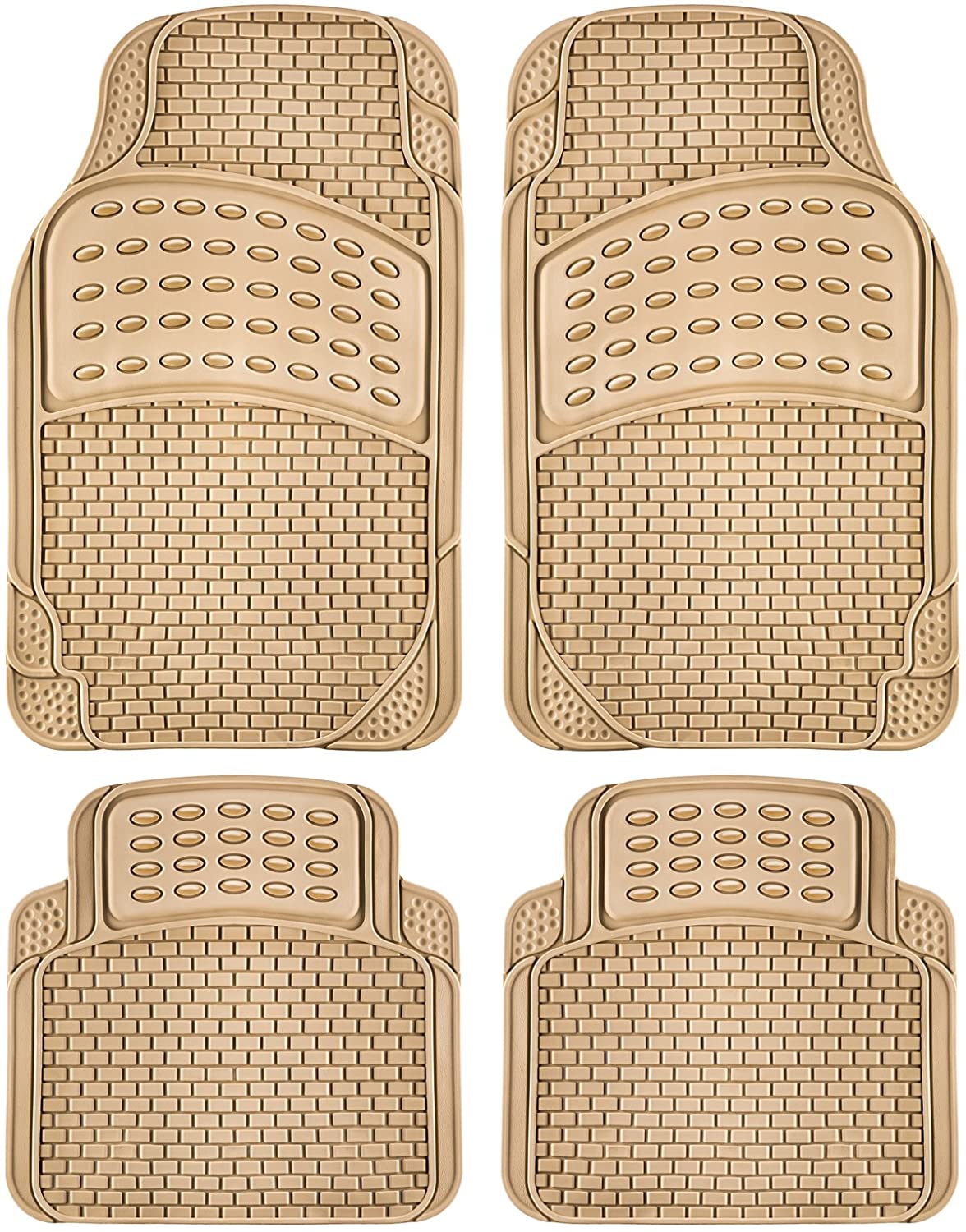 OxGord 4pc Rubber Floor Mats Universal Fit Front Driver Passenger Seat for Car SUV Van and Truck - Brick Style - Beige
