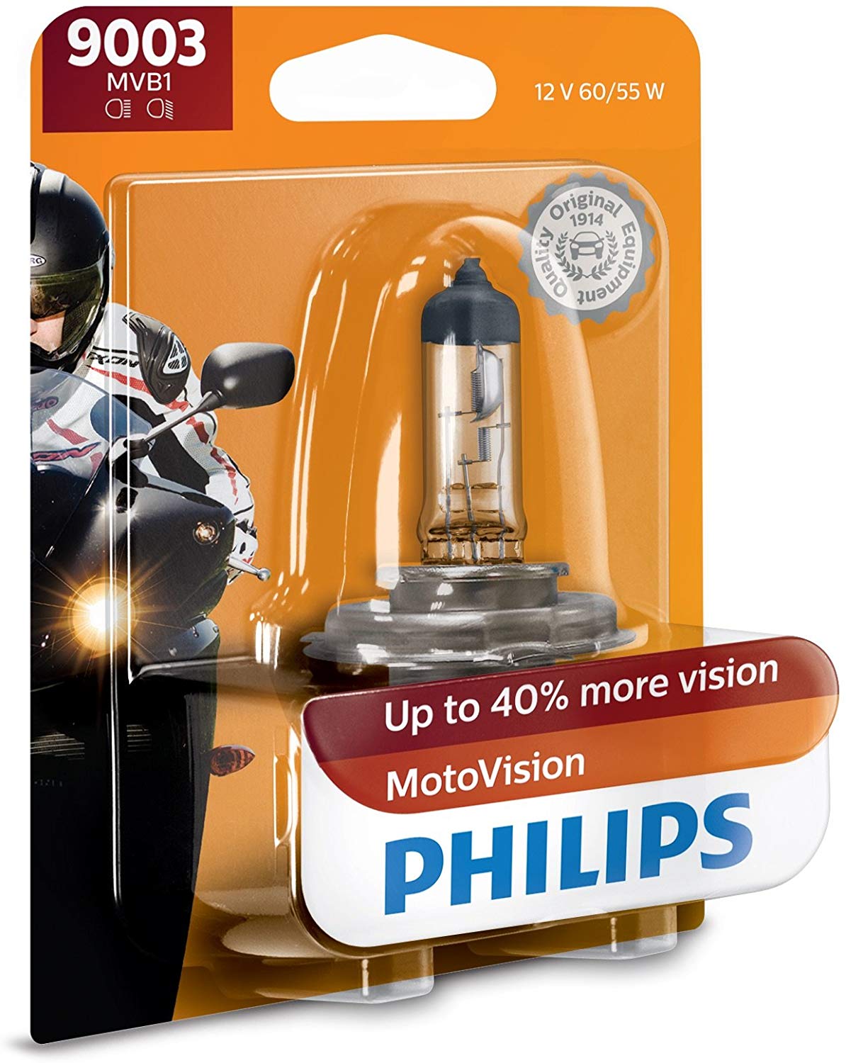 Philips 9003MVB1 MotoVision Motorcycle and Powersport Replacement Headlight Bulb, 1 Pack