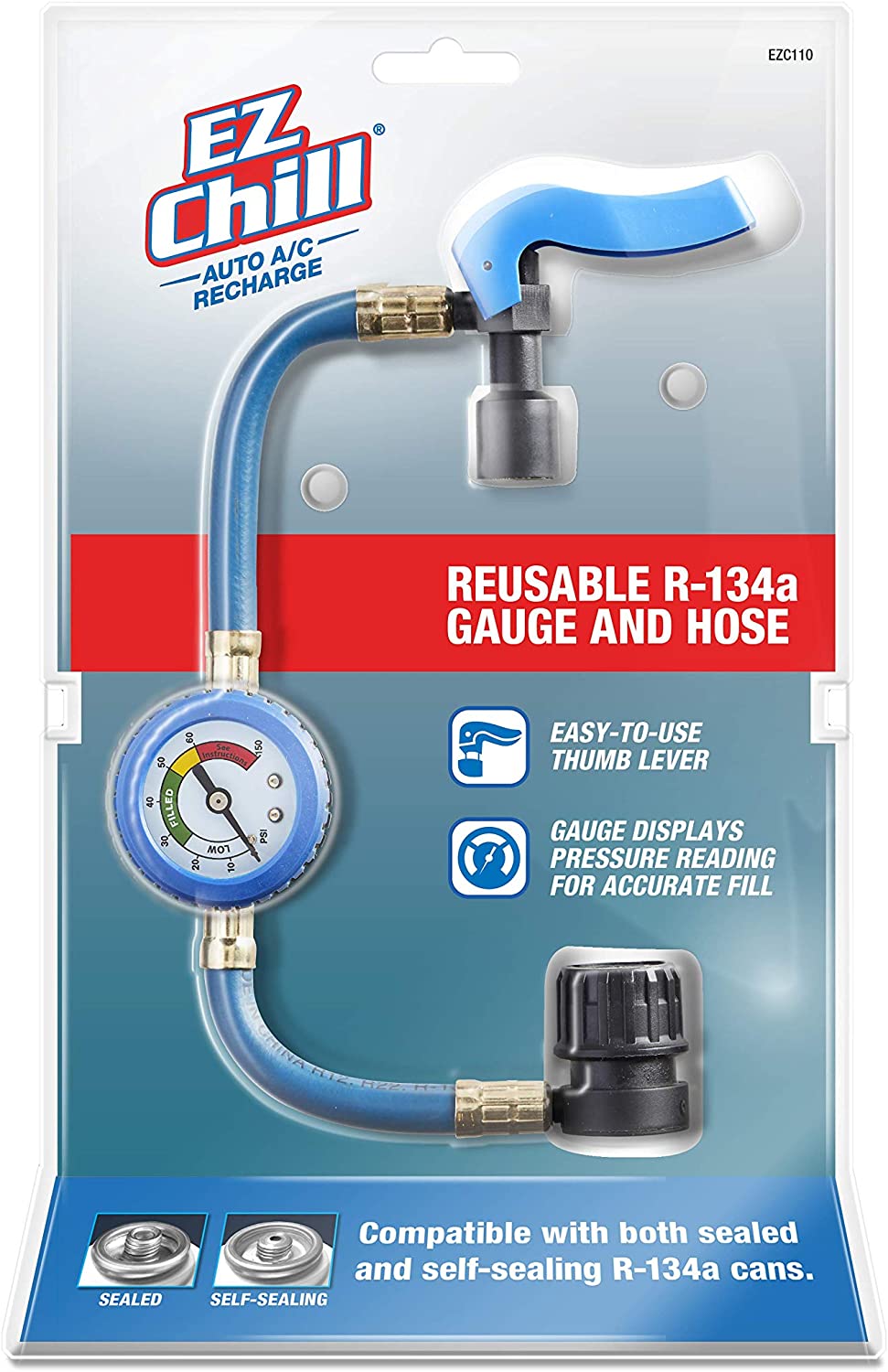 InterDynamics EZ Chill Car Air Conditioner R134A Refrigerant Gauge and Hose, Reusable AC Recharge Kit, EZC110-4