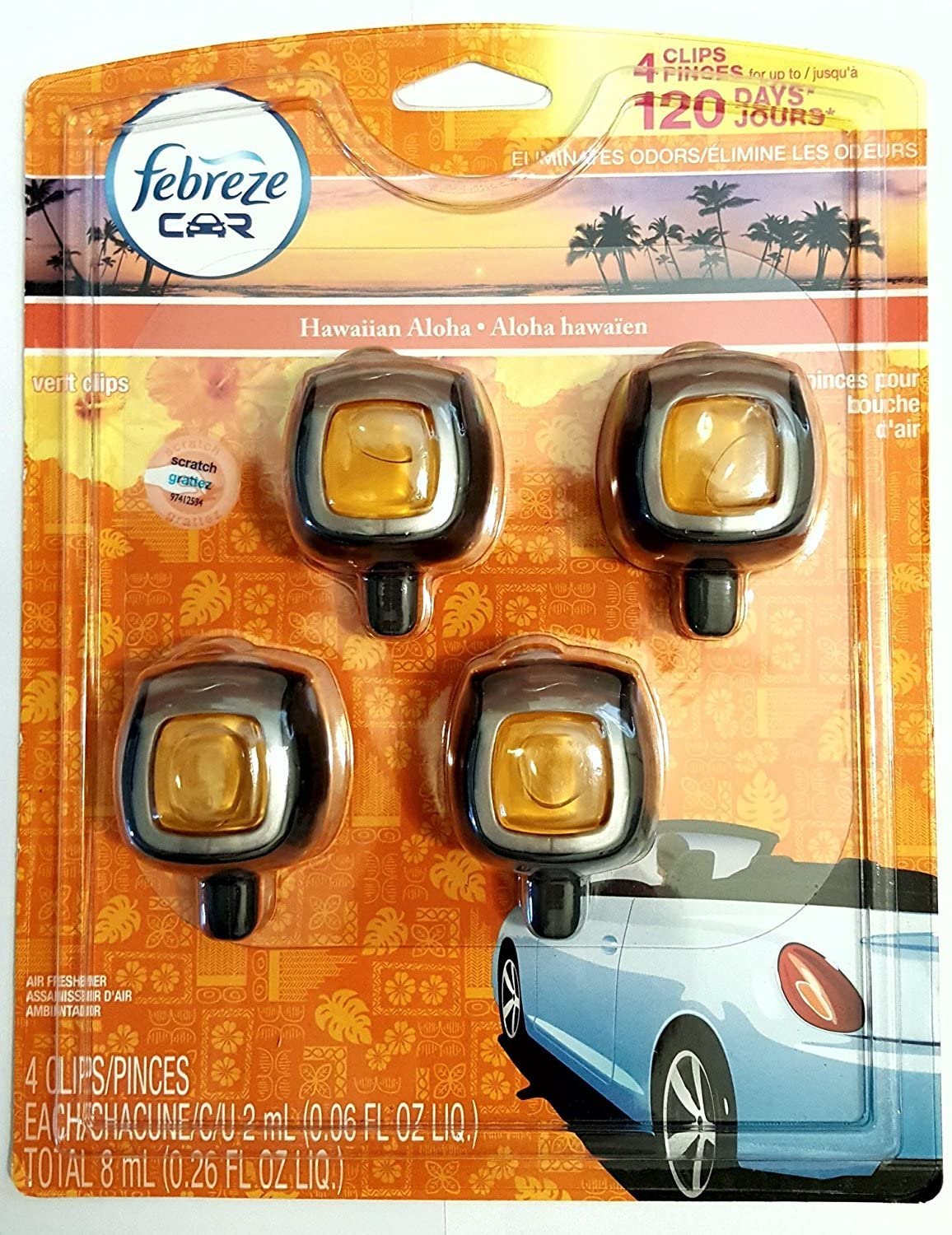 Febreze Hawaiian Aloha Car Vent Clip Air Freshener, 0.06 oz, 4 Pack