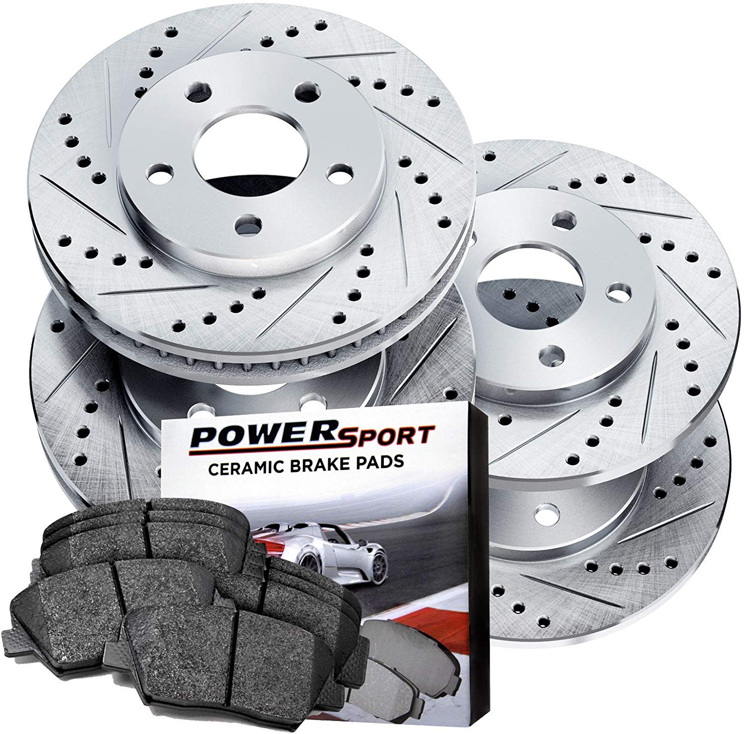 Power Sport Cross Drilled Slotted Brake Rotors and Ceramic Brake Pads Kit -81205 [Front & Rear]