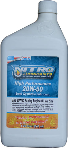 Nitro Lubricants 20W-50 High Performance Racing Motor Oil - Heavy Duty, Semi Synthetic Engine Oil - Race Motor Oil High in Zinc - for Engines Requiring 20W 50 Motor Oil - Ford, Chevy, Toyota, Etc.