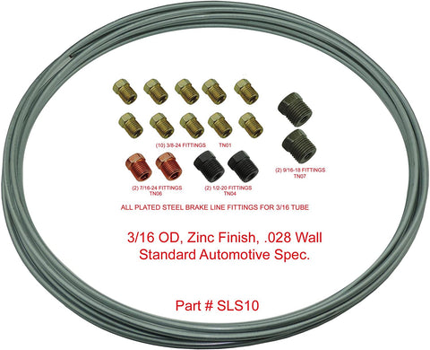 OEM Zinc Steel Brake Line Tubing Kit 3/16 OD Coil Roll & SAE Tube Nut Fittings (L-2-1 + L-3-2)