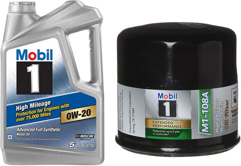 Mobil 1 High Mileage Full Synthetic Motor Oil 0W-20, 5-Quart, Single Bundle M1-108A Extended Performance Oil Filter