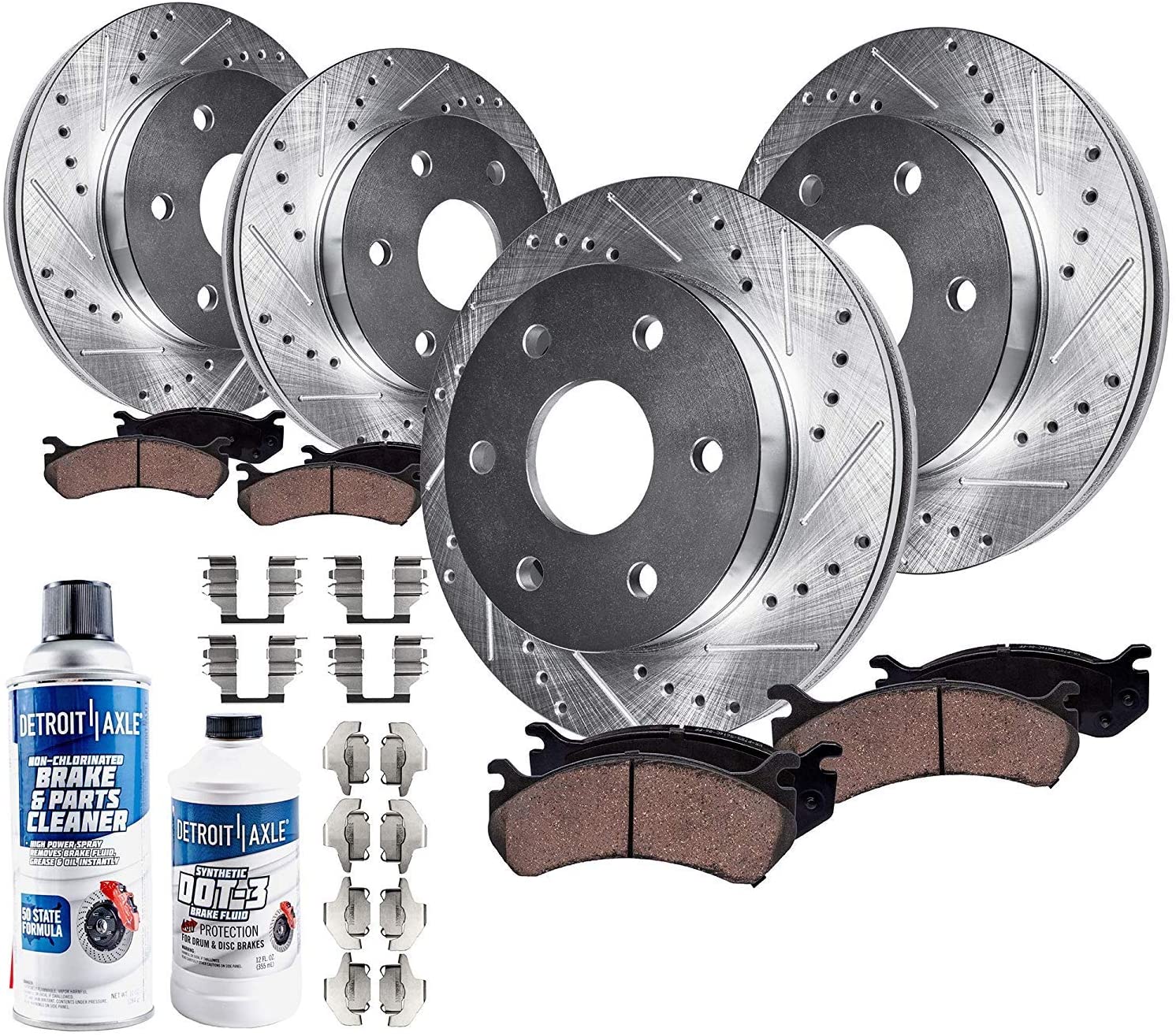 Detroit Axle - Drilled Slotted FRONT REAR Brake Rotors & Ceramic Brake Pads w/Hardware, Brake Fluid & Cleaner fits Chevy Tahoe Silverado/Suburban/GMC Sierra 1500 Yukon Cadillac Escalade