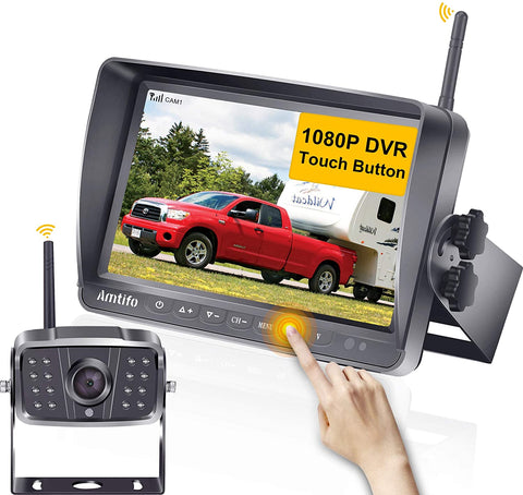 AMTIFO A8 FHD 1080P RV Wireless Backup Camera with 7'' Touch Key DVR Split Screen Monitor Rear Observation System for RVs,Trailers,5th Wheels,IR Night Vision,IP69 Waterproof Camera with Stable Signal