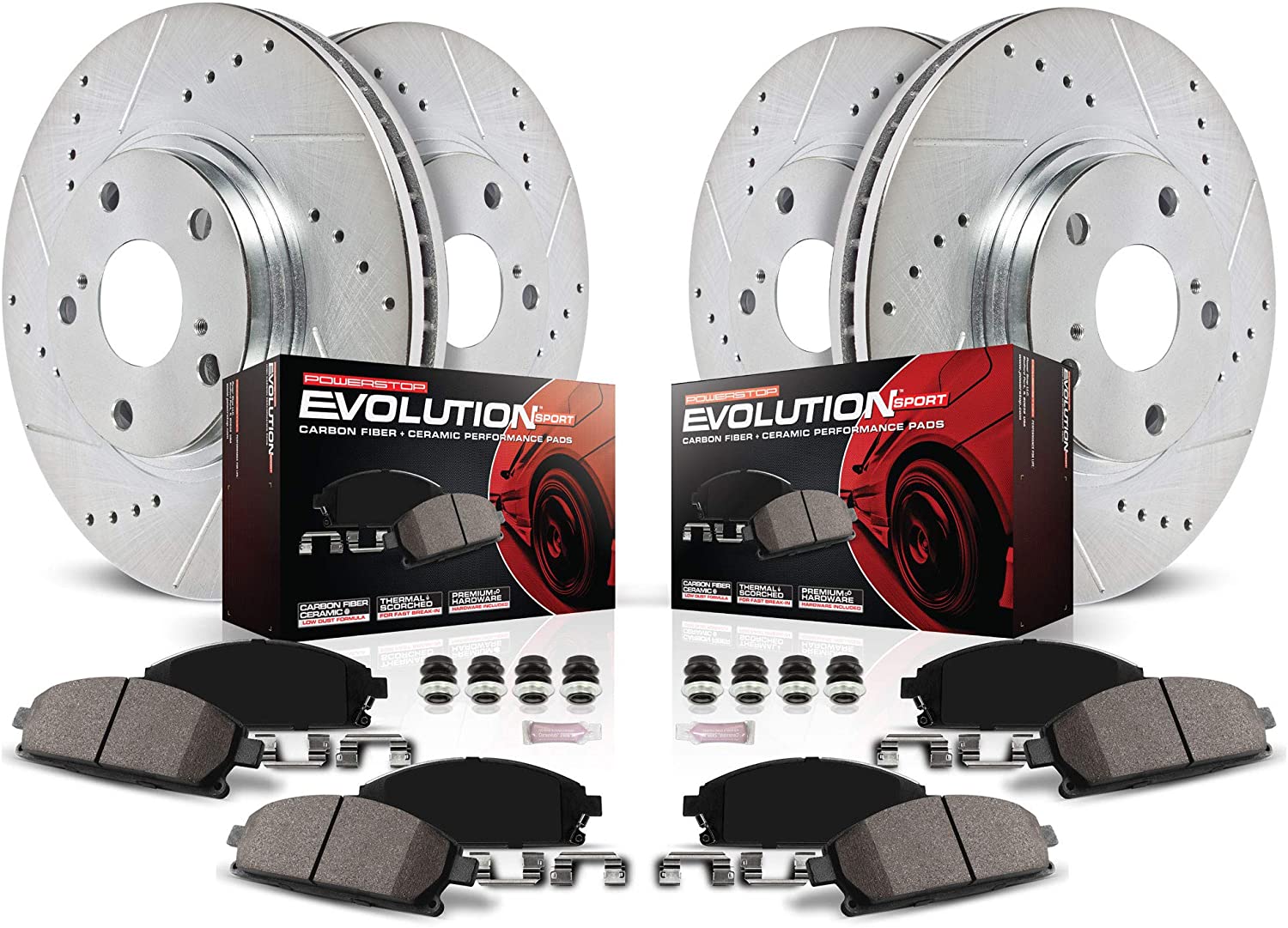 Power Stop K2303 Front & Rear Brake Kit with Drilled/Slotted Brake Rotors and Z23 Evolution Ceramic Brake Pads