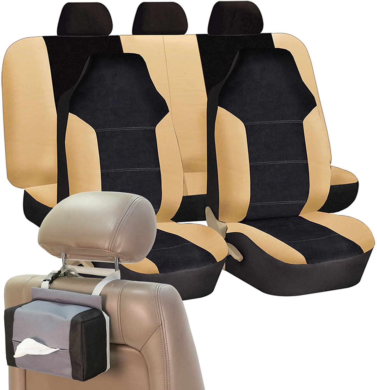 FH Group FH-FB103115 Leather/Velour High Back Seat Covers Beige/Tan (Airbag Ready and Split) W. FH1133 E-Z Travel Car Tissue Dispenser Case-Fit Most Car, Truck, SUV, or Van (Beige / Tan)