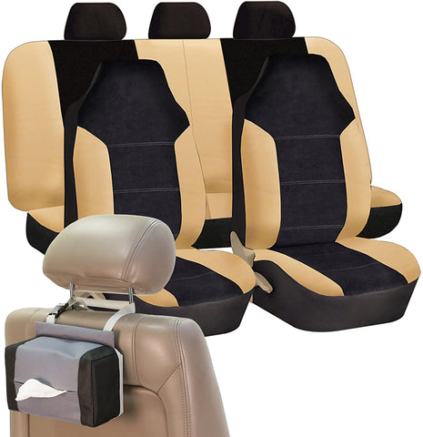 FH Group FH-FB103115 Leather/Velour High Back Seat Covers Beige/Tan (Airbag Ready and Split) W. FH1133 E-Z Travel Car Tissue Dispenser Case-Fit Most Car, Truck, SUV, or Van
