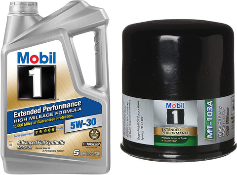 Mobil 1 Extended Performance High Mileage Formula Motor Oil 5W-30, 5-Quart, Single Bundle M1-103A Extended Performance Oil Filter