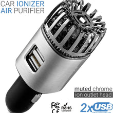 Car Air Purifier Ionizer - 12V Plug-in Ionic Anti-Microbial Car Deodorizer with Dual USB Charger - Smoke Smell, Pet and Food Odors, Allergens, Viruses Eliminator for Car (Matte Silver)