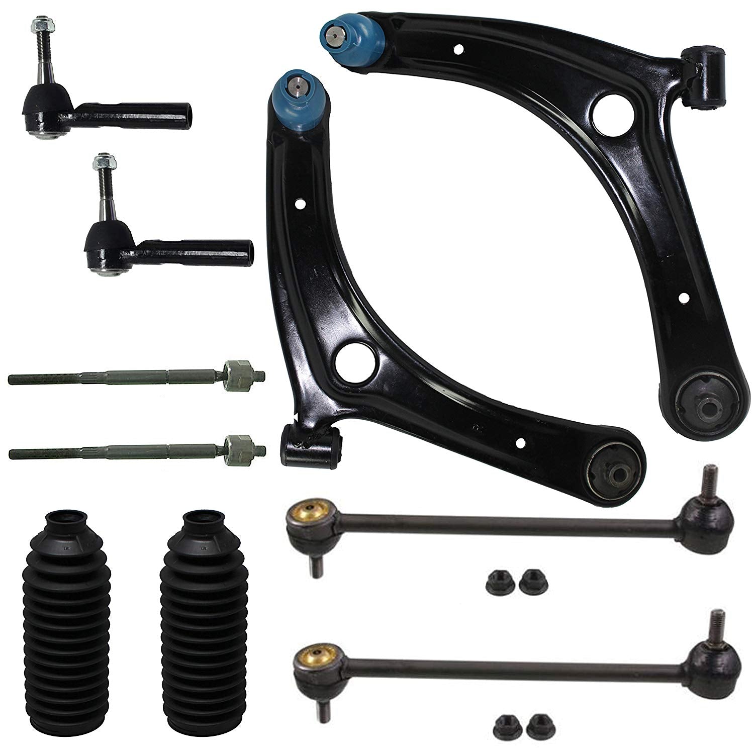 Detroit Axle - 10 piece front suspension kit fits 2009-2012 Dodge Caliber [2007 2008 2009 2010 2011 2012-2016 Jeep Compass Patriot] - Lower Control Arms, Ball Joints, Outer Tie Rods, Inner Tie Rods