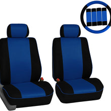 FH Group FH-FB063102 Pair Set Sports Fabric Car Seat Covers Solid Black, Airbag Compatible and Split Bench W. FH2033 Steering Wheel Cover and Seat Belt Pads- Fit Most Car, Truck, SUV, or Van