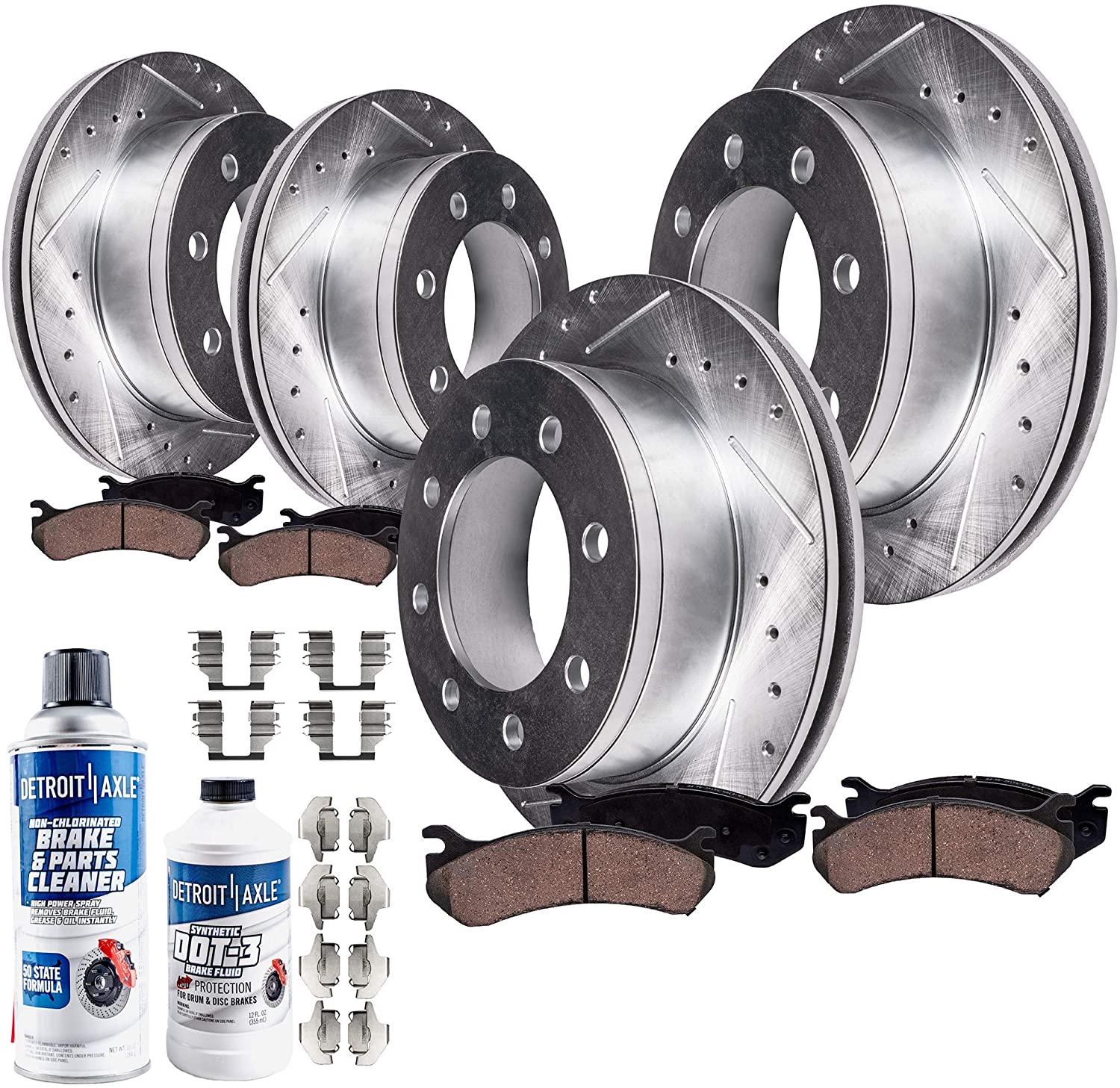 Detroit Axle - Front Rear Drilled Slotted Brake Kit Rotors w/Ceramic Pad replacement for 2011-2016 Silverado 2500 HD - [11-16 Silverado 3500 HD SRW] - 11-16 Sierra 2500 HD - [11-16 Sierra 3500 HD SRW]