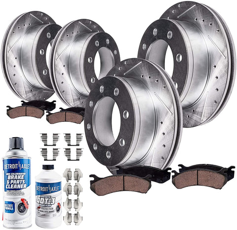 Detroit Axle 10PR1900034 Front 331mm & Rear 326mm Drilled Slotted Brake Rotors w/Ceramic Brake Pads, Brake Clips, Cleaner & Fluid (10pc Set) (4WD)