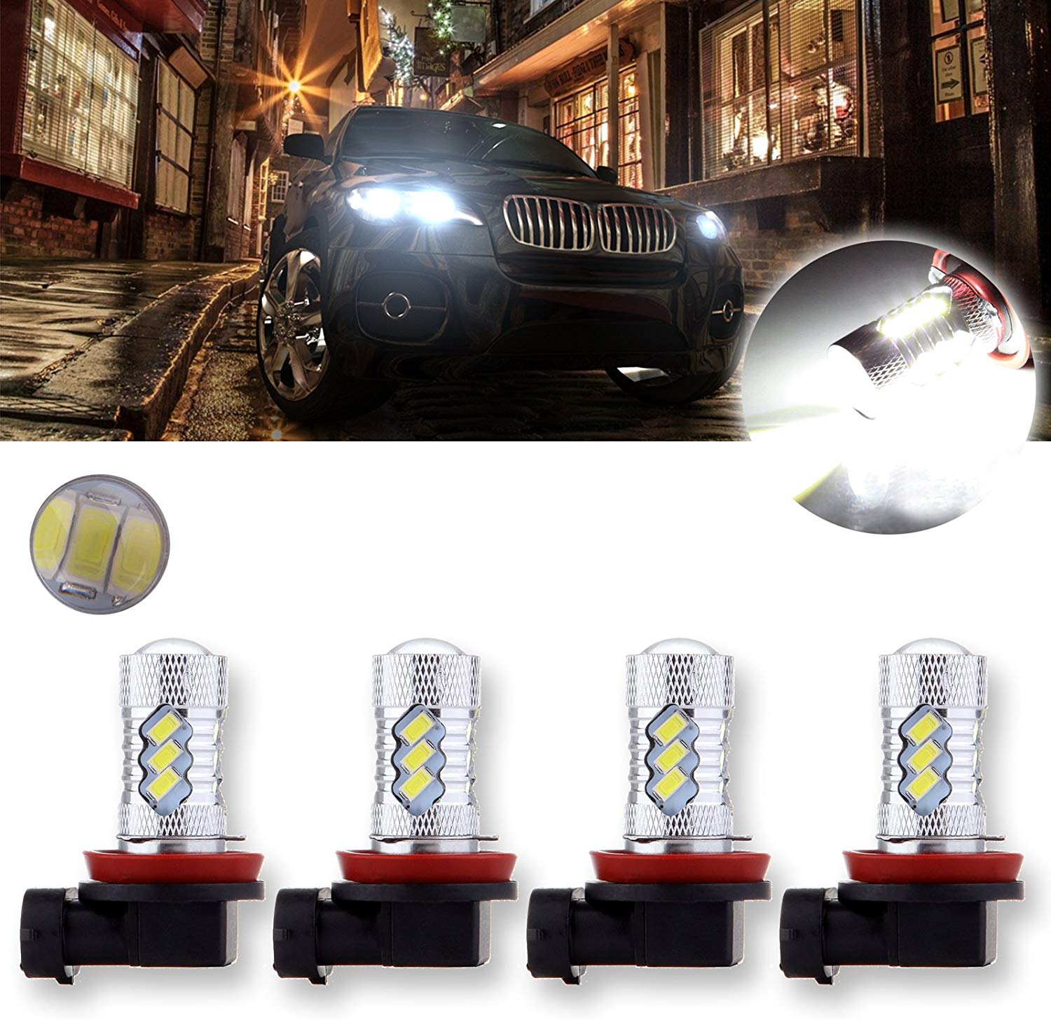 SCITOO White H11 LED Bulbs 15SMD LED Lights with Projector for Fog Light Plug and Play Style,4Pcs