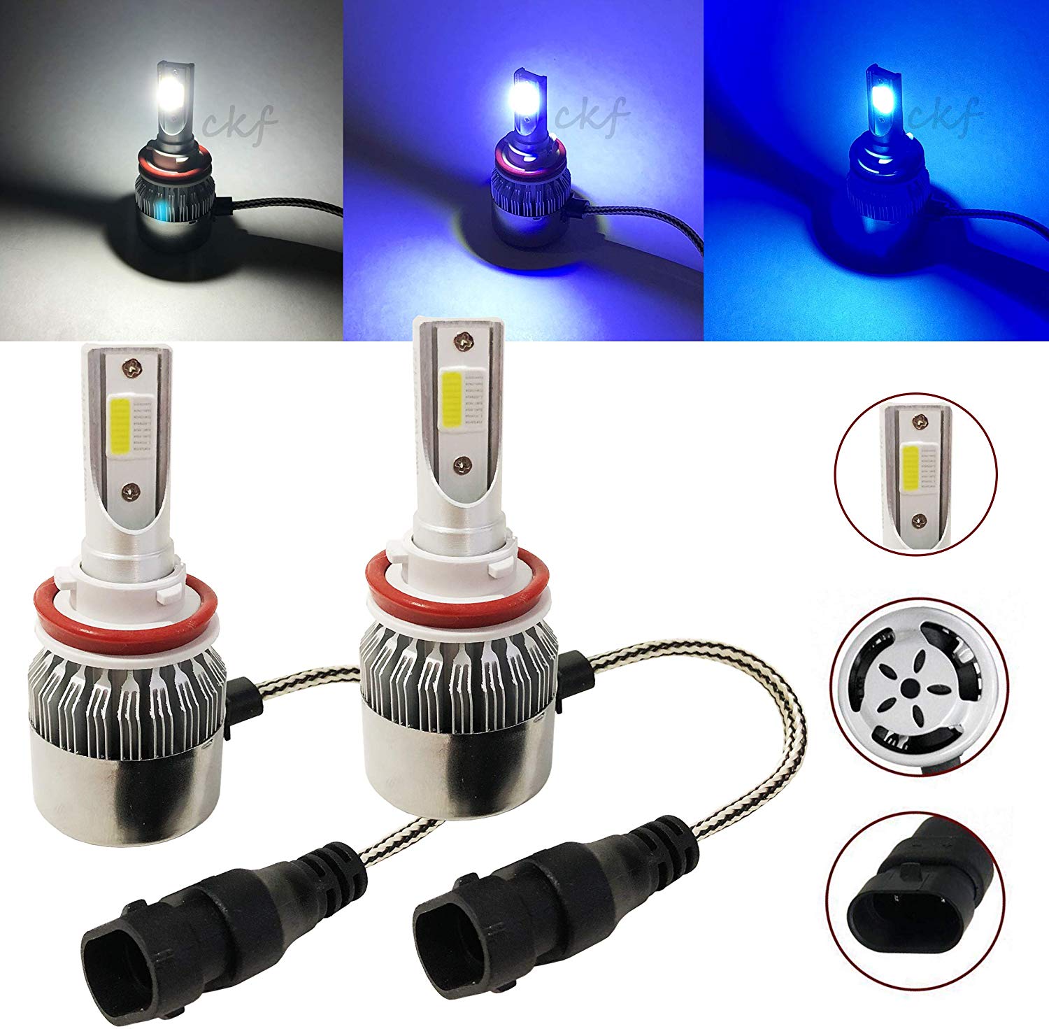 CK Formula (3 Colors in 1 Bulb) H11 6000K White 8000K 10000K Dark Blue Xenon COB LED (Low Beam Headlight) 7600LM 72W USA