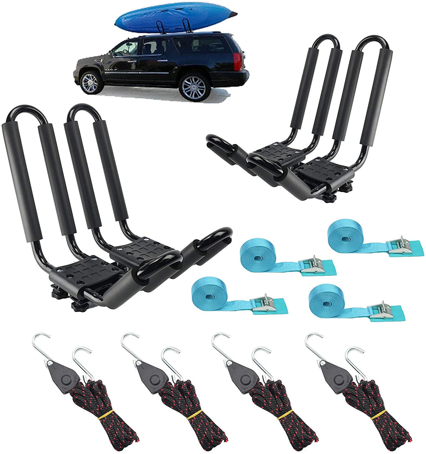 2 Pairs Heavy Duty Kayak Rack-Includes 4 Pcs Ratchet Tie-Mount on Car Roof Top Crossbar-Easy to Carry Kayak Canoe Boat Surf Ski (J-Bar Rack)