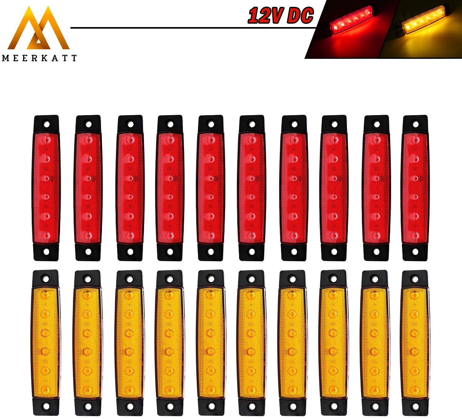 Meerkaat (Pack of 20) 3.8 Inch 10 Amber & 10 Red 6 LED Clearance Lamp Side Indicators Marker Sealed License Decoration Turn Signal Fender Tail Brake Light Truck Jeep Lorry ATV Bus RV 12v DC Model TK12