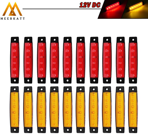 Meerkaat (Pack of 20) 3.8 Inch 10 Amber & 10 Red 6 LED Clearance Lamp Side Indicators Marker Sealed License Decoration Turn Signal Fender Tail Brake Light Truck Jeep Lorry ATV Bus RV 12v DC Model TK12