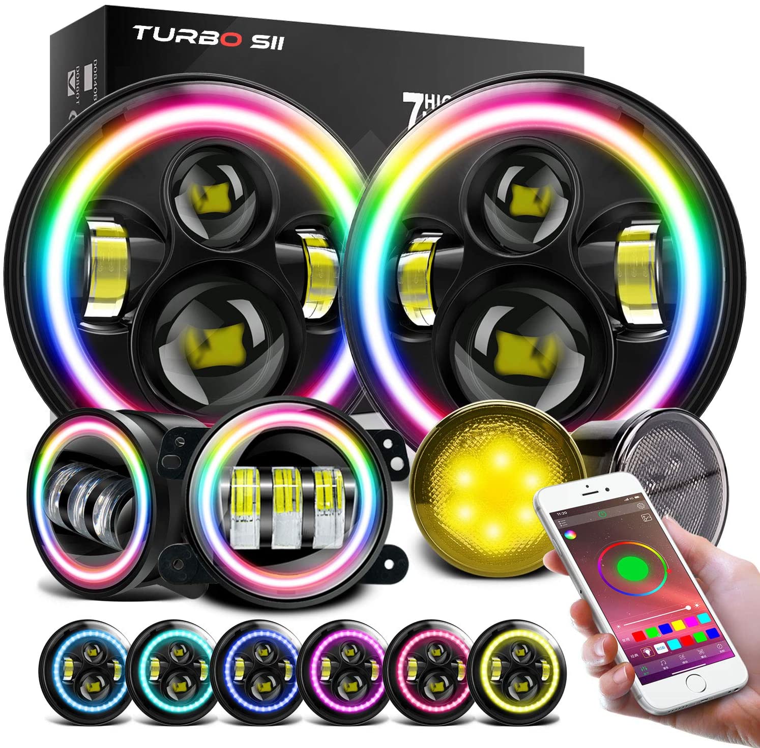 TURBO SII 7 inch LED Headlights RGB Halo Ring DRL + 4